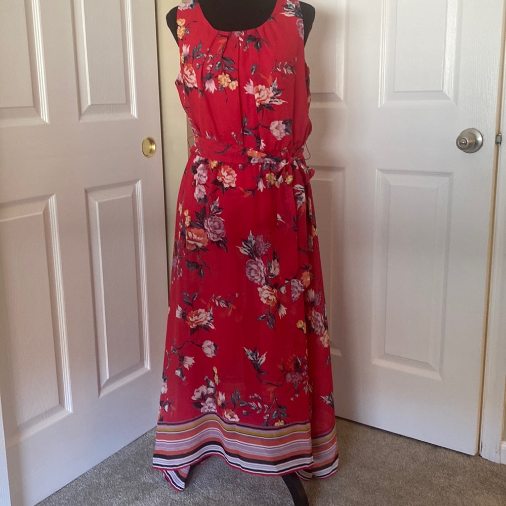 Apt 9 red floral dress with striped fabric atbottom; handkerchief hem size large